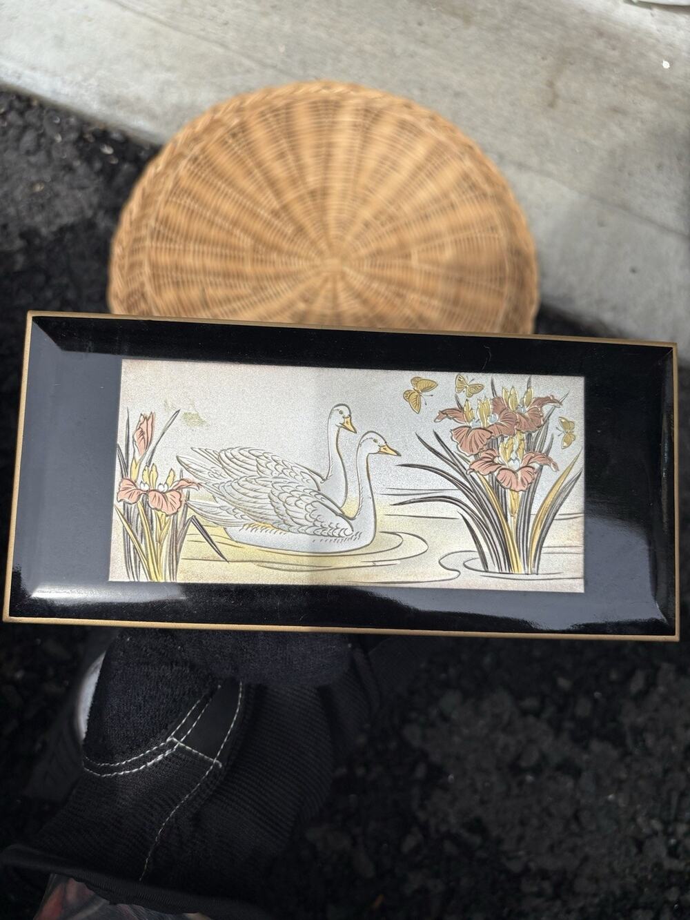 Vtg Lacquered Westland Music Jewelry Box Swan Floral Red Velvet Chopin Nocturne